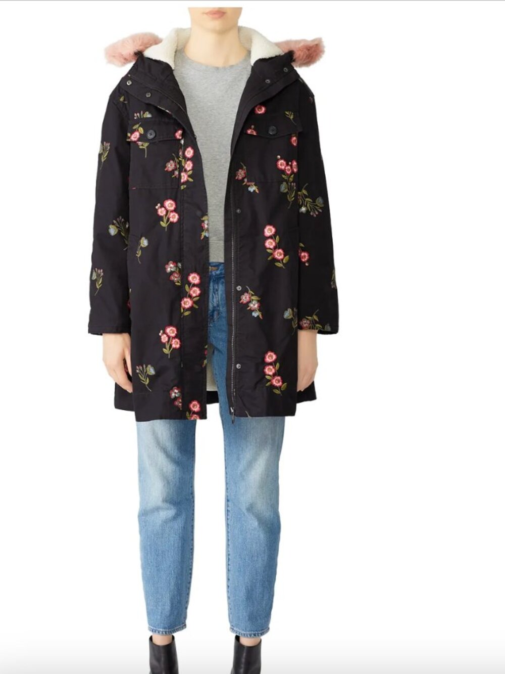 Kate Spade Embroidered Twill Coat Jacket black pink flowers size medium